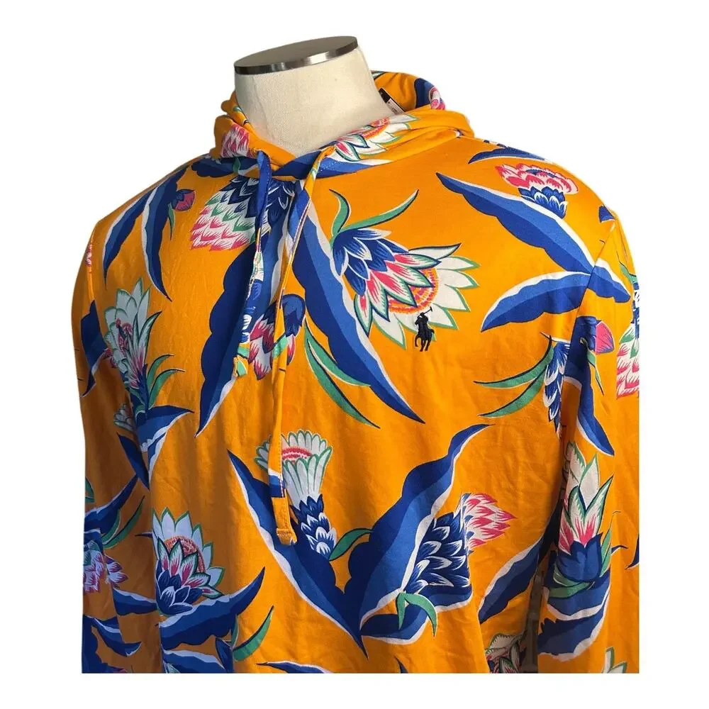 NWT Men L Polo Ralph Lauren Orange Pullover Hoodie Floral Print Beach Sweatshirt